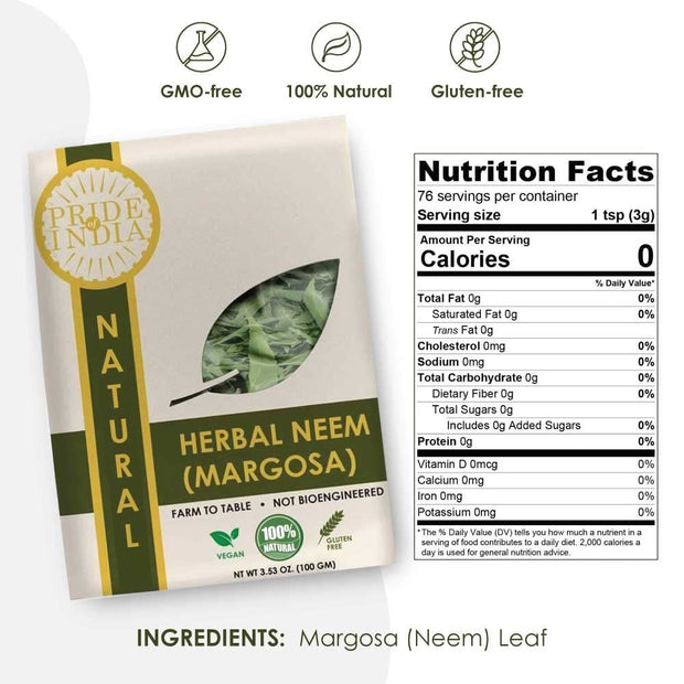 Pride Of India - Natural Neem/Margosa Herb, 100 gm Whole Leaf