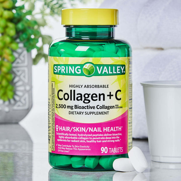 Spring Valley Highly Absorbable Collagen + C Tablets Dietary Supplement;  2; 500 mg;  90 Count