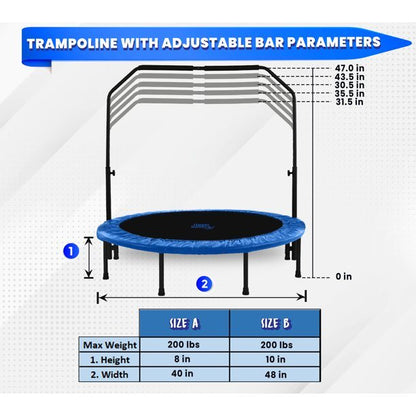 40"/48" Mini Trampoline with Adjustable Handbar – Round Foldable Rebounder Fitness Trampoline for Kids & Adults