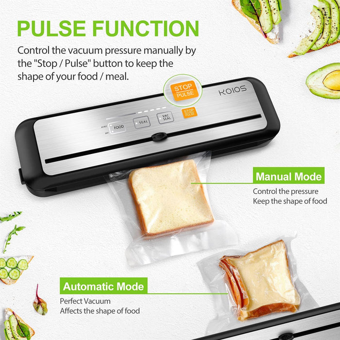 KOIOS Vacuum Sealer Machine, 85Kpa Automatic Food Sealer for Food Savers with Cutter, Pulse Function, Dry & Moist Modes, Compact Design