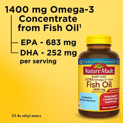 Nature Made Burp Less Ultra Omega 3 Fish Oil;  1400 mg Softgels;  100 Count