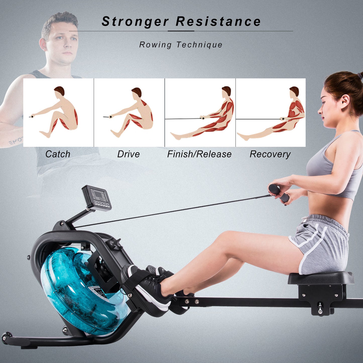 Water Rowing Machine Rower with LCD Monitor; Exercise Workout Water Rower for Home Use