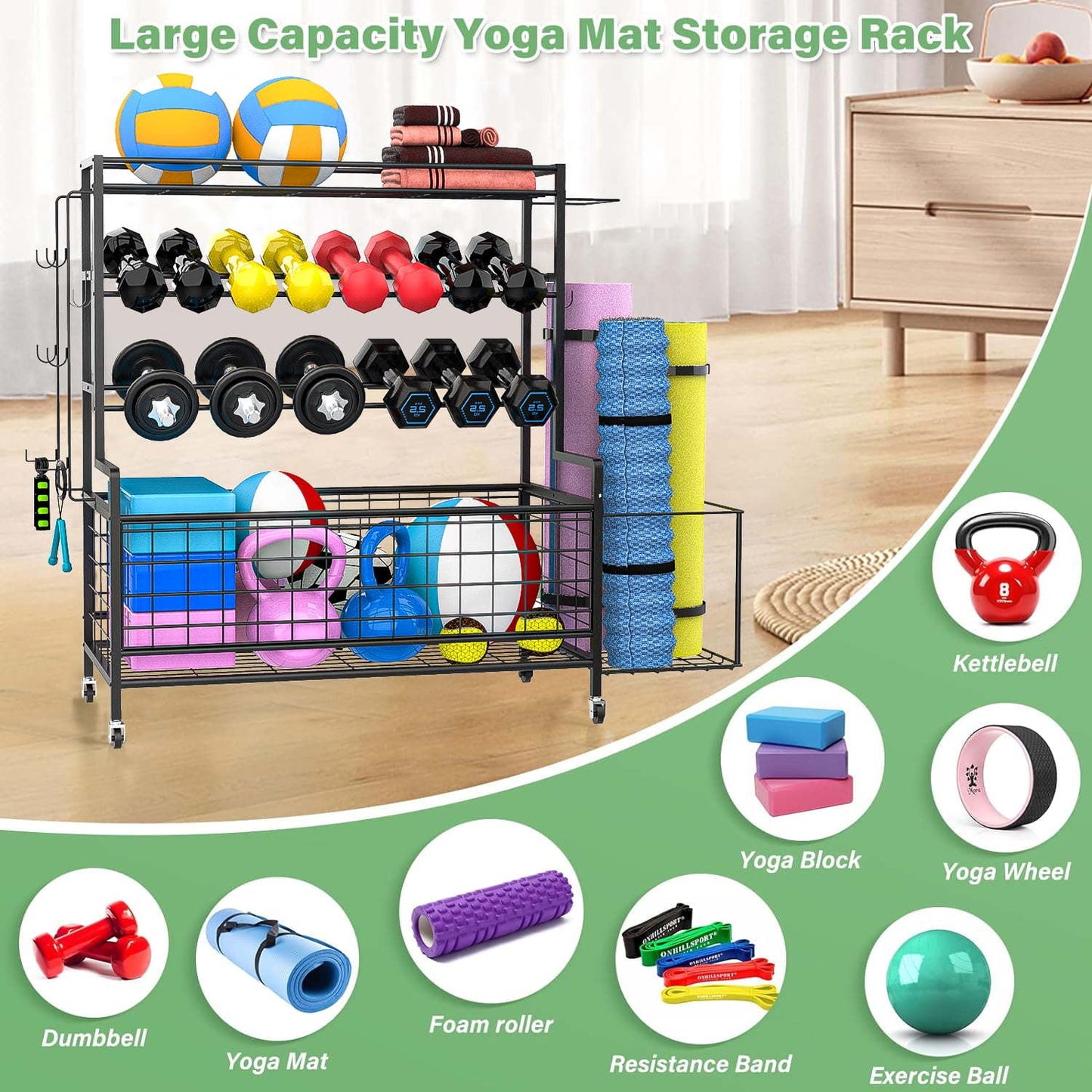 Yoga mat holder, yoga mat storage rack, home gym storage strap hook and wheels black