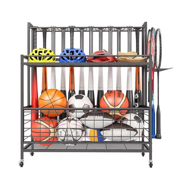 Sports Equipment Storage, Garage Sports Organizer, Baseball Bat Holder Holds 24 Bats Rolling Ball Cart with Wheels, Black